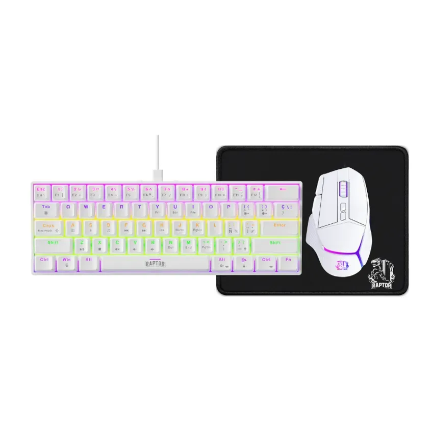 Combo Gamer Raptor Teclado Mecanico 68 Tec. White + Mouse Rgb 8000dpi White + Mouse Pad S