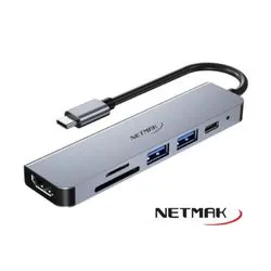 Adaptador 6 en 1 Tipo-C a (HDMI+TF+SD+USB2.0+USB3.0 +USB-C PD) Netmak N